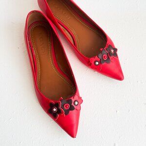 Coach Tea Rose Red Leather Floral Pointy Toe Flats 7.5